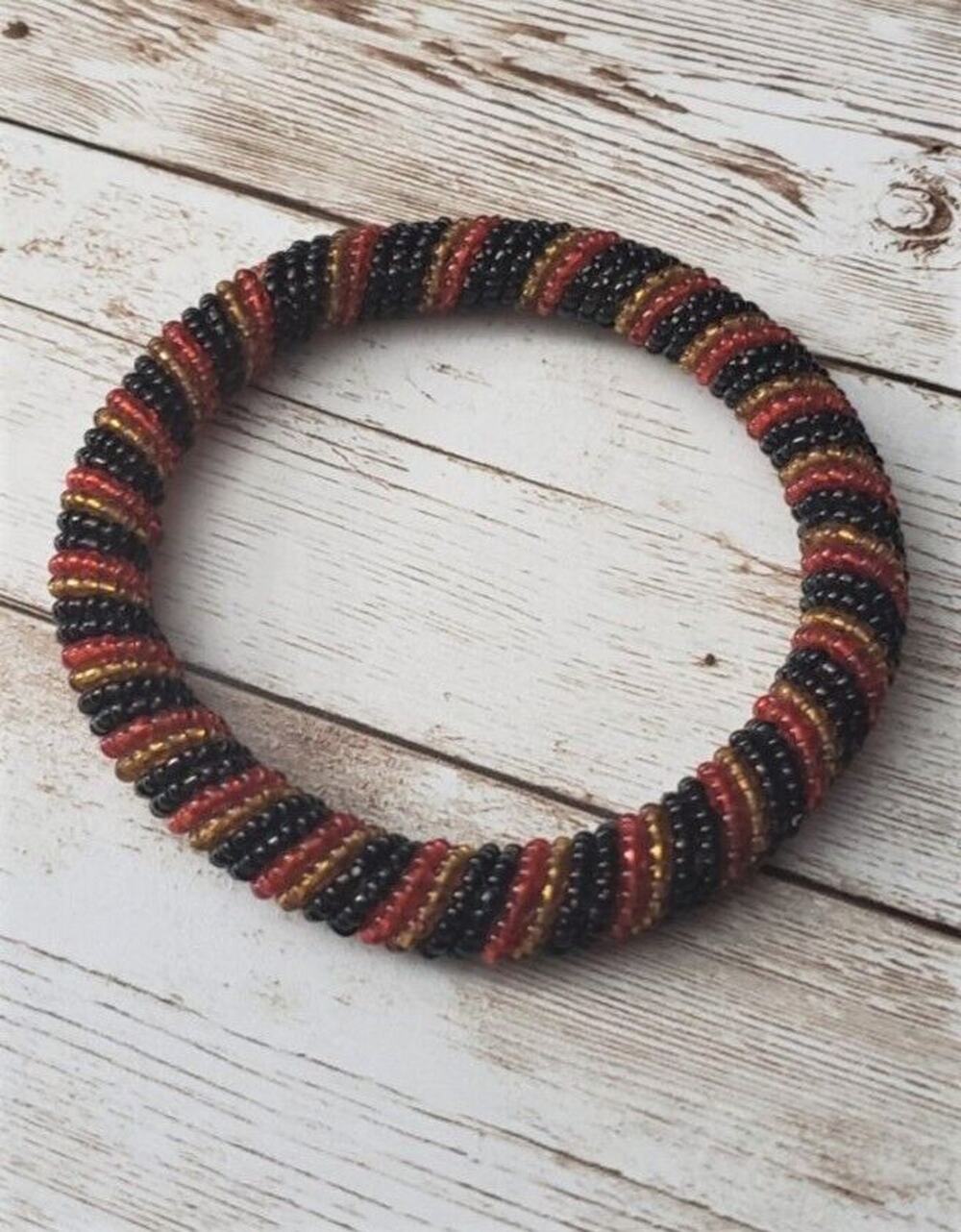 Vintage Bracelet / Bangle - Beaded Red, Dark Amber Tone, Black